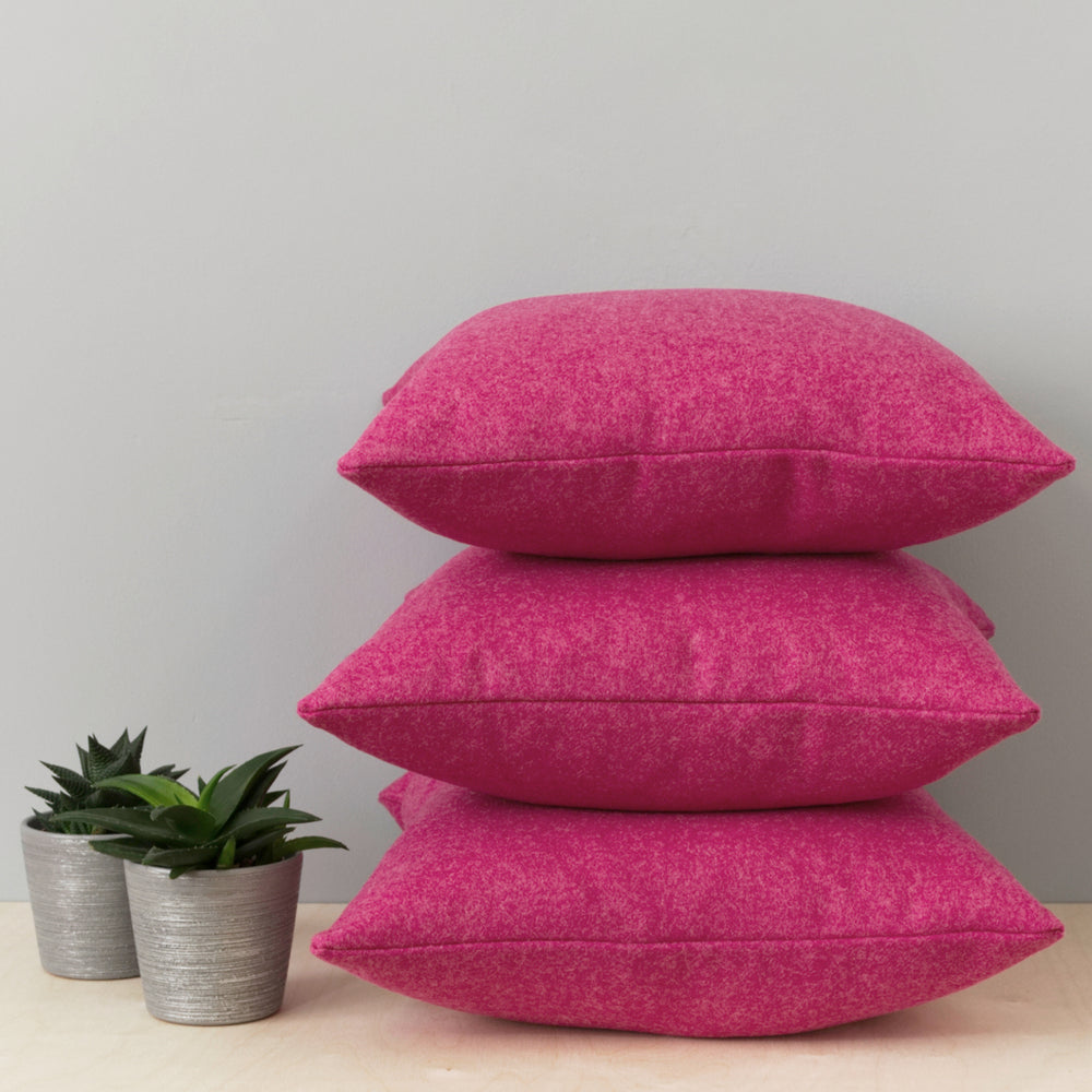 Fuchsia pink wool cushions made in UK with Abraham Moon natural & sustainable wool