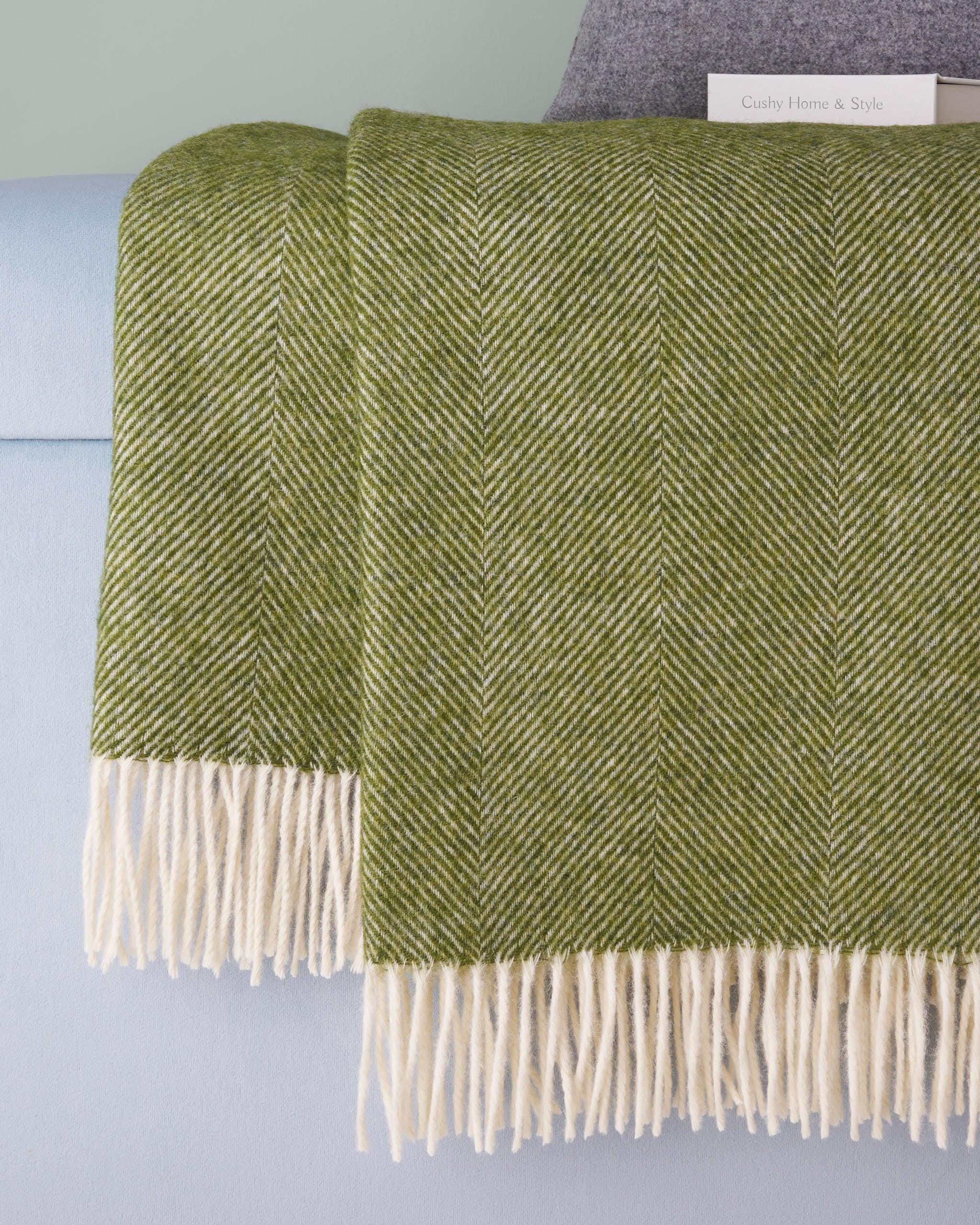 Bronte by Moon Apple Green Herringbone Shetland Wool Blanket Throw