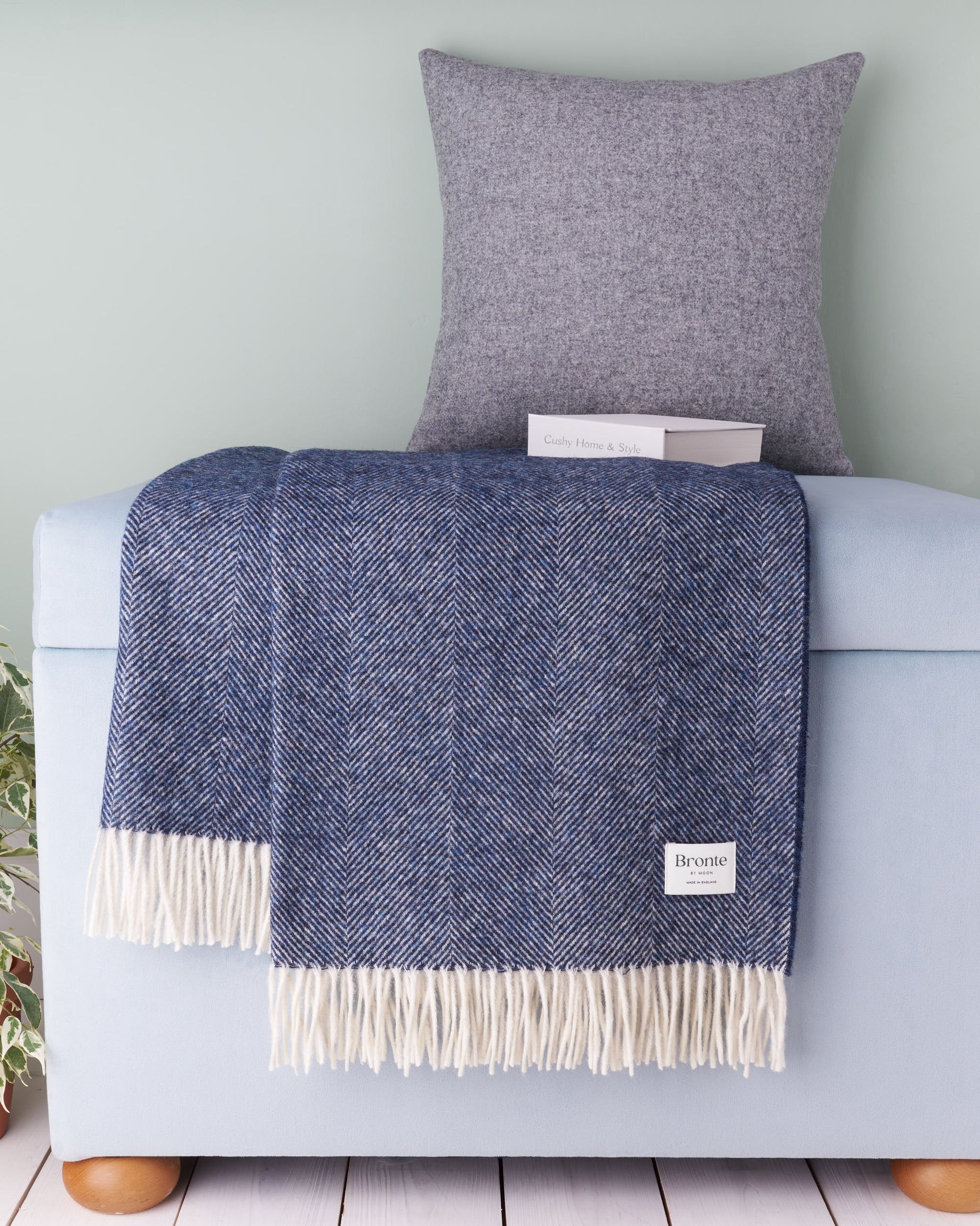 Bronte Dark Blue Herringbone Shetland Wool Blanket Throw
