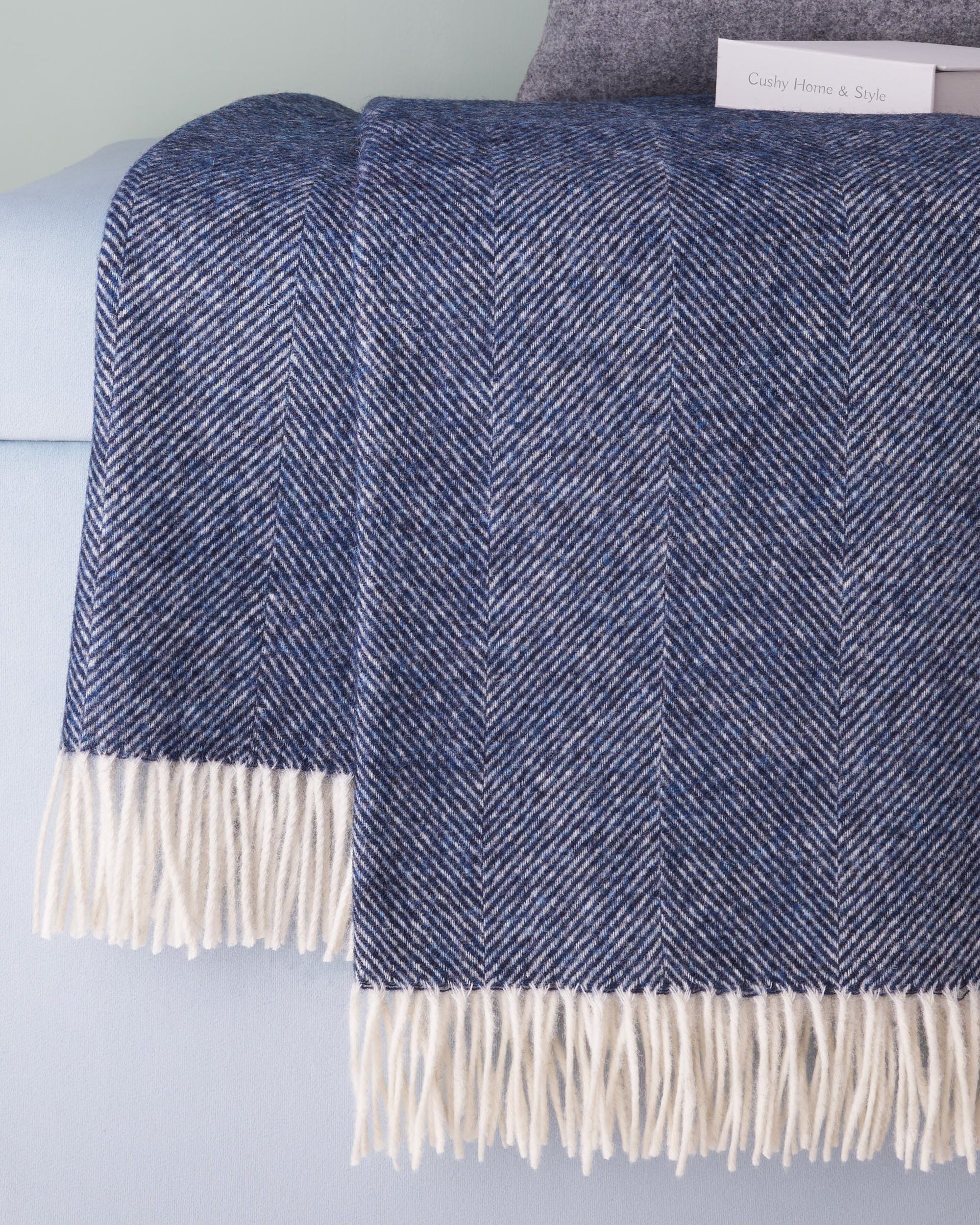 Bronte Dark Blue Herringbone Shetland Wool Blanket Throw