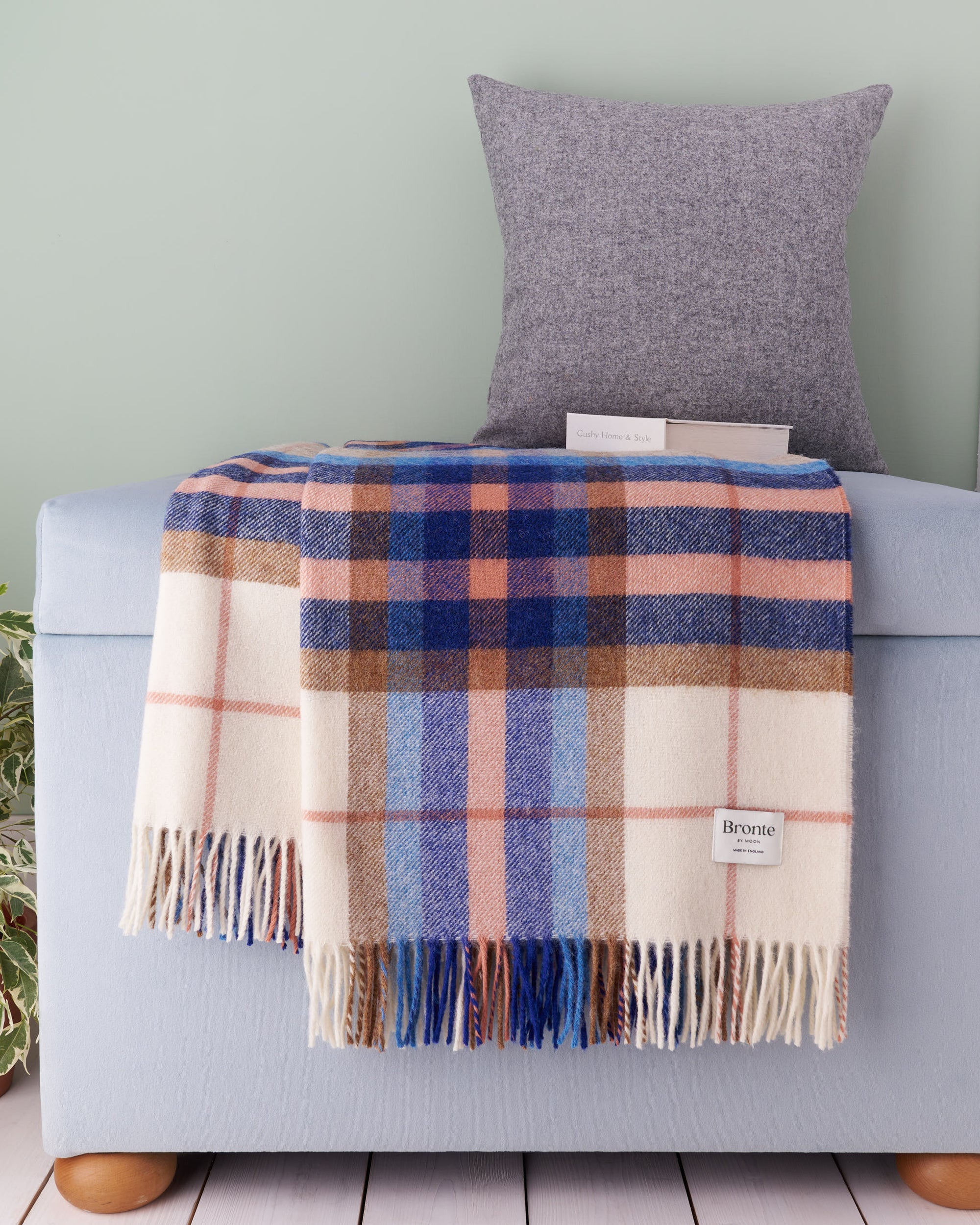 Bronte by Moon Falmouth Ivory Blue & Pink Shetland wool blanket throw