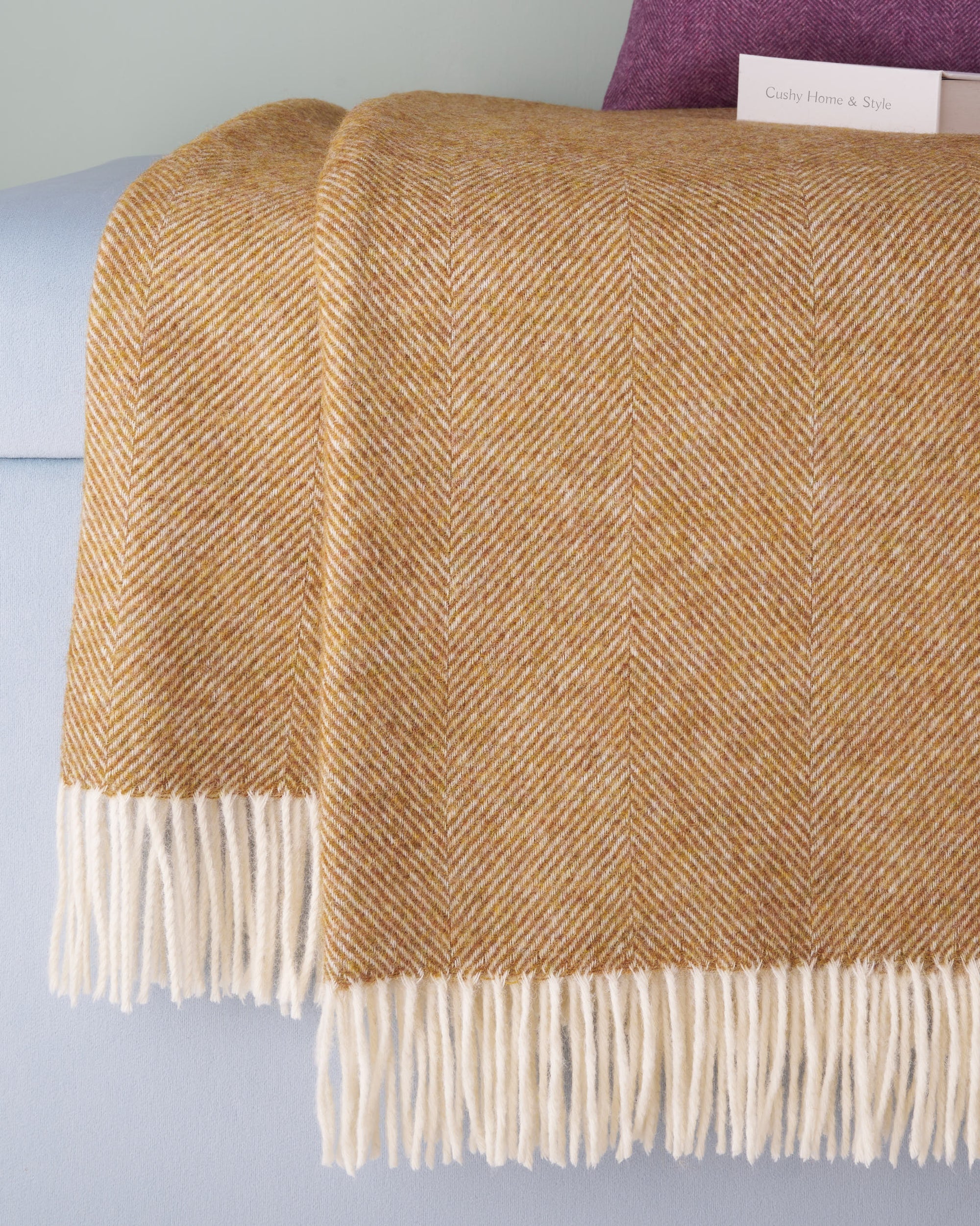 Bronte by Moon gold herringbone Shetland wool blanket throw closeup