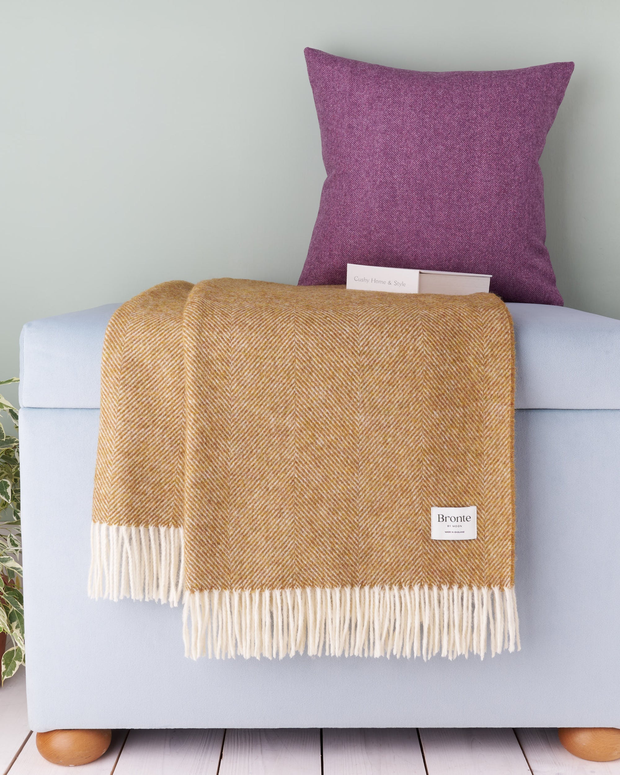Bronte by Moon gold herringbone Shetland wool blanket throw