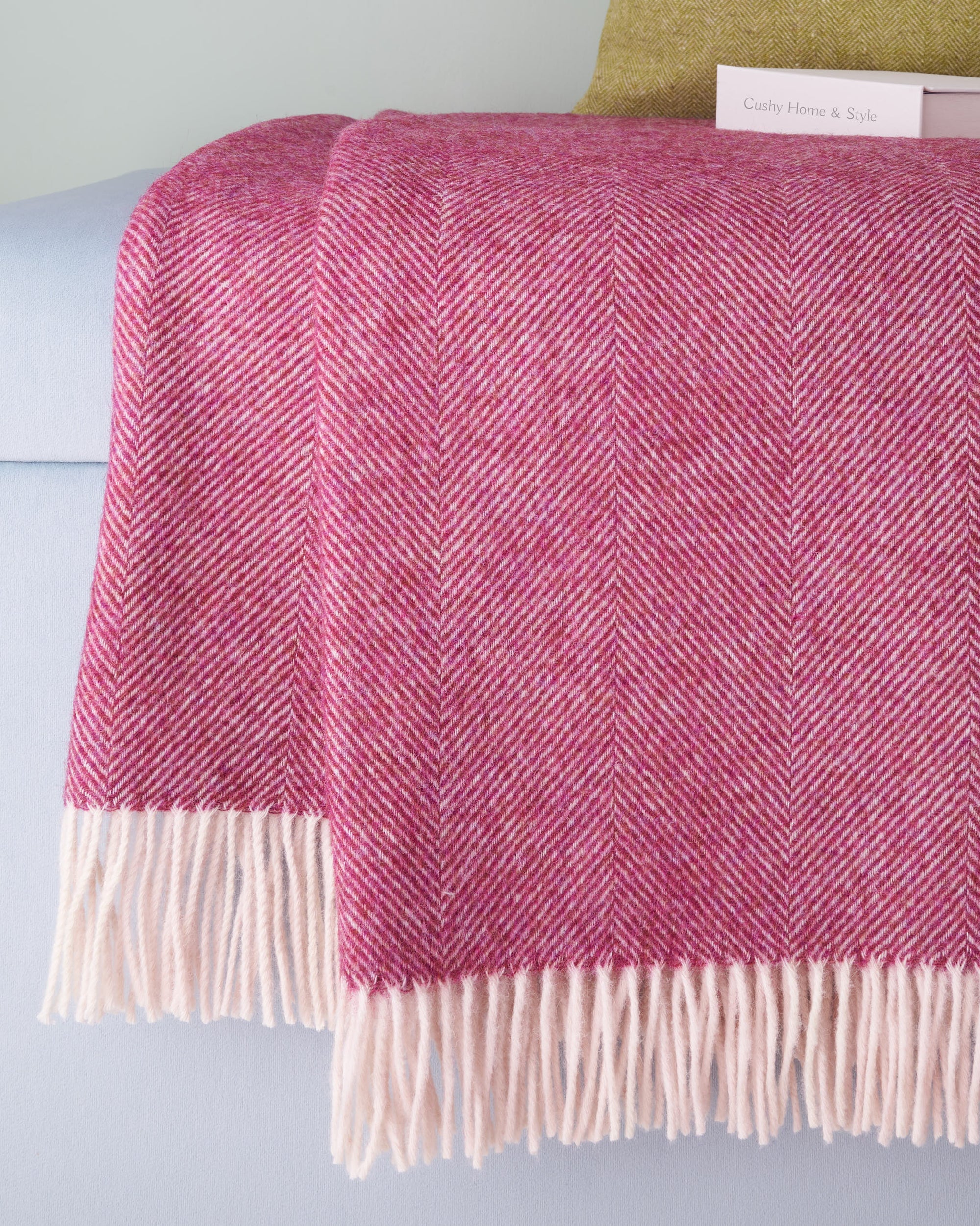 Bronte by Moon berry herringbone Shetland wool blanket throw closeup