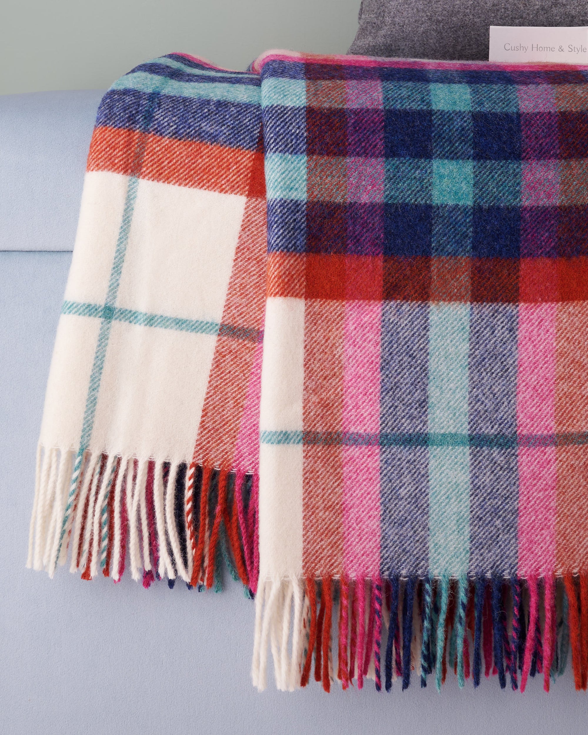 Bronte by Moon Falmouth Ivory, Red, Blue & Pink Shetland wool blanket throw closeup