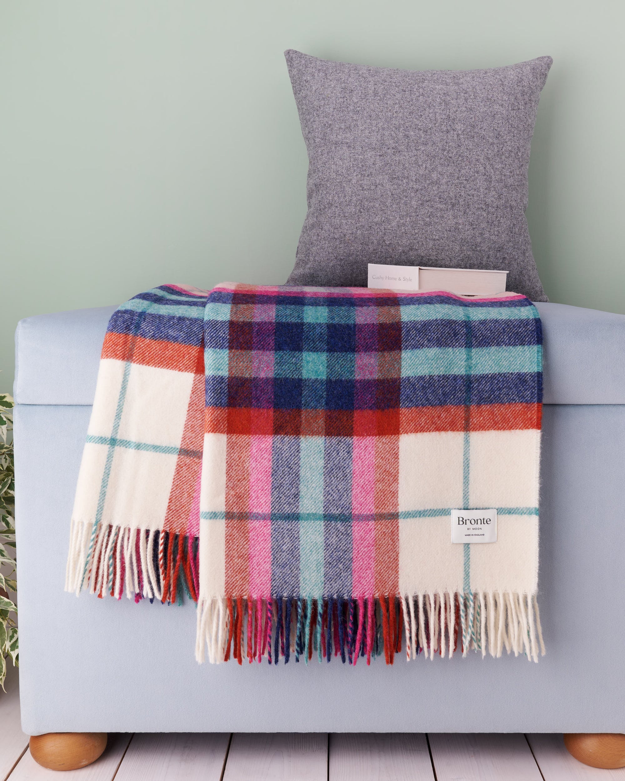 Bronte by Moon Falmouth Ivory, Red, Blue & Pink Shetland wool blanket throw