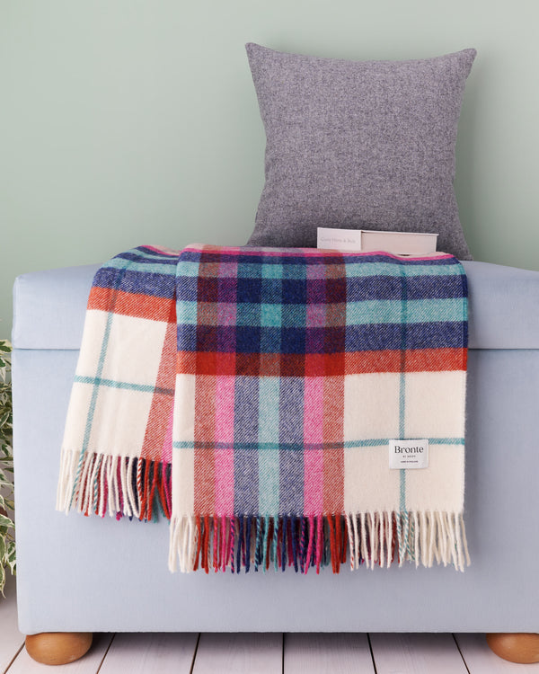 Bronte by Moon Falmouth Ivory, Red, Blue & Pink Shetland wool blanket throw