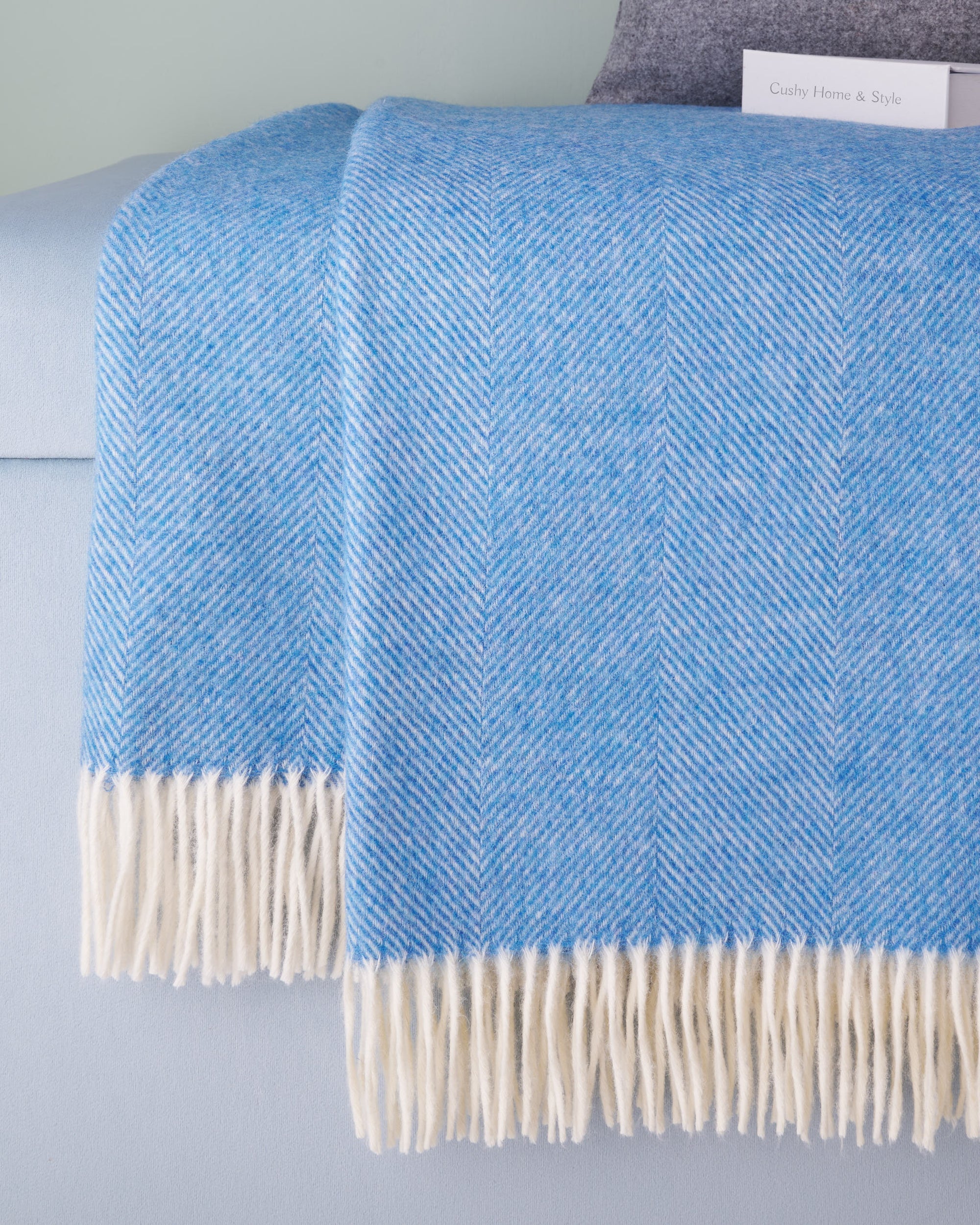 Bronte by Moon Peacock Blue Herringbone Shetland Wool Blanket Throw