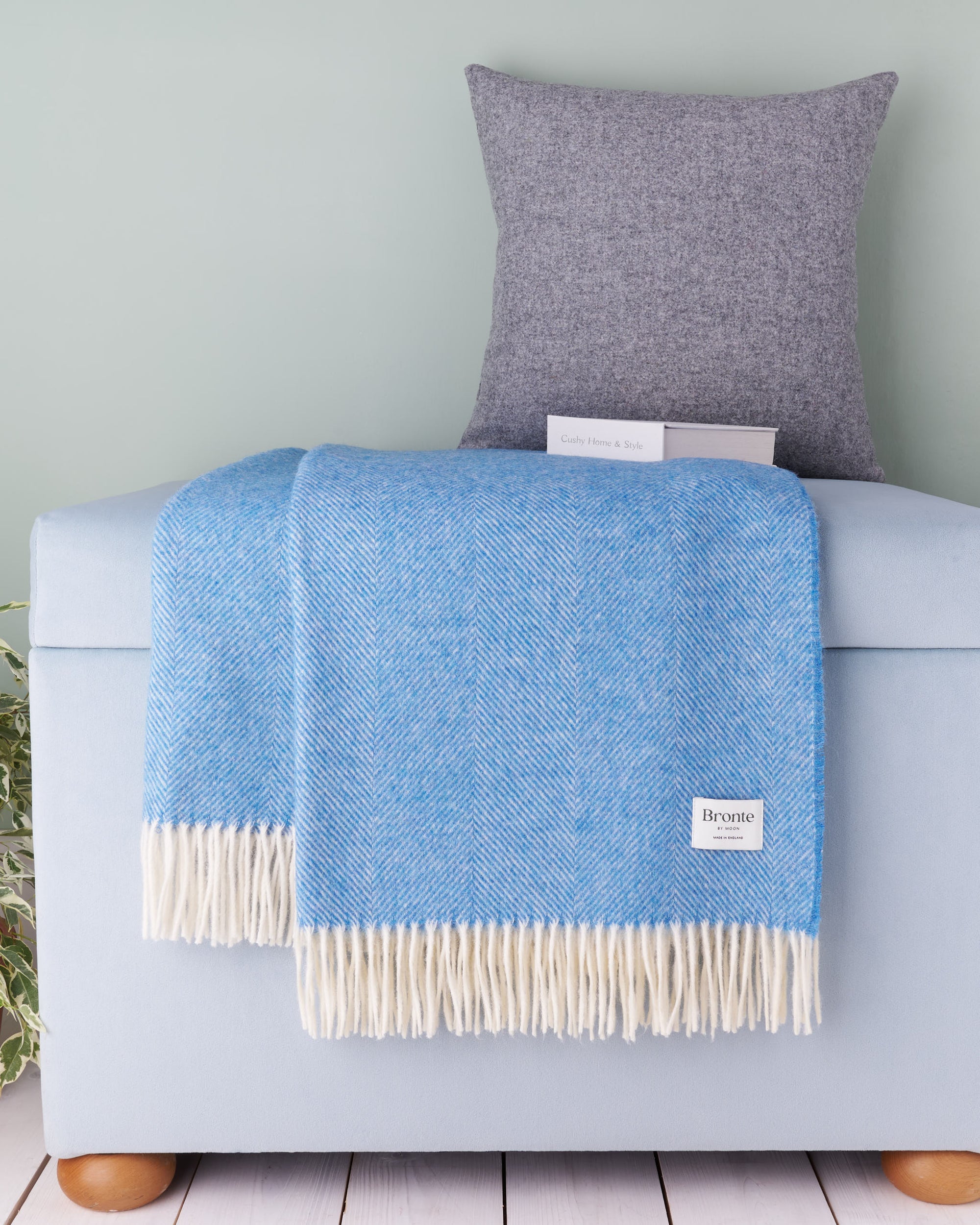 Bronte by Moon Peacock Blue Herringbone Shetland Wool Blanket Throw