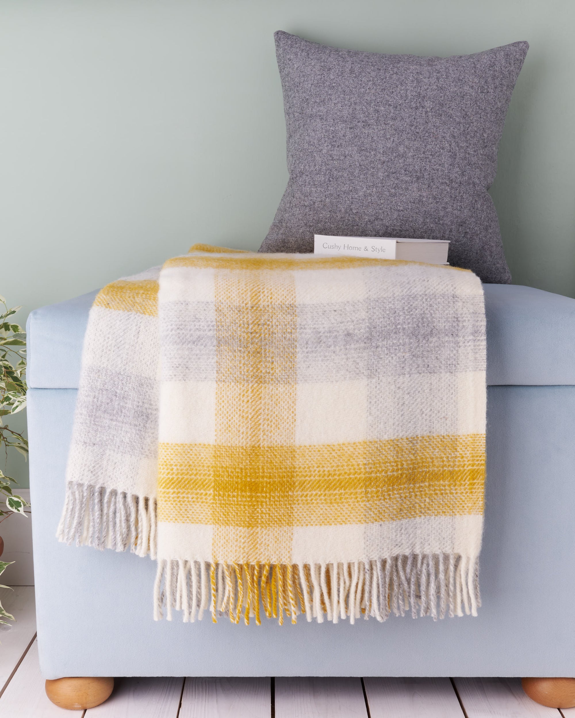 Tweedmill meadow check yellow wool blanket throw