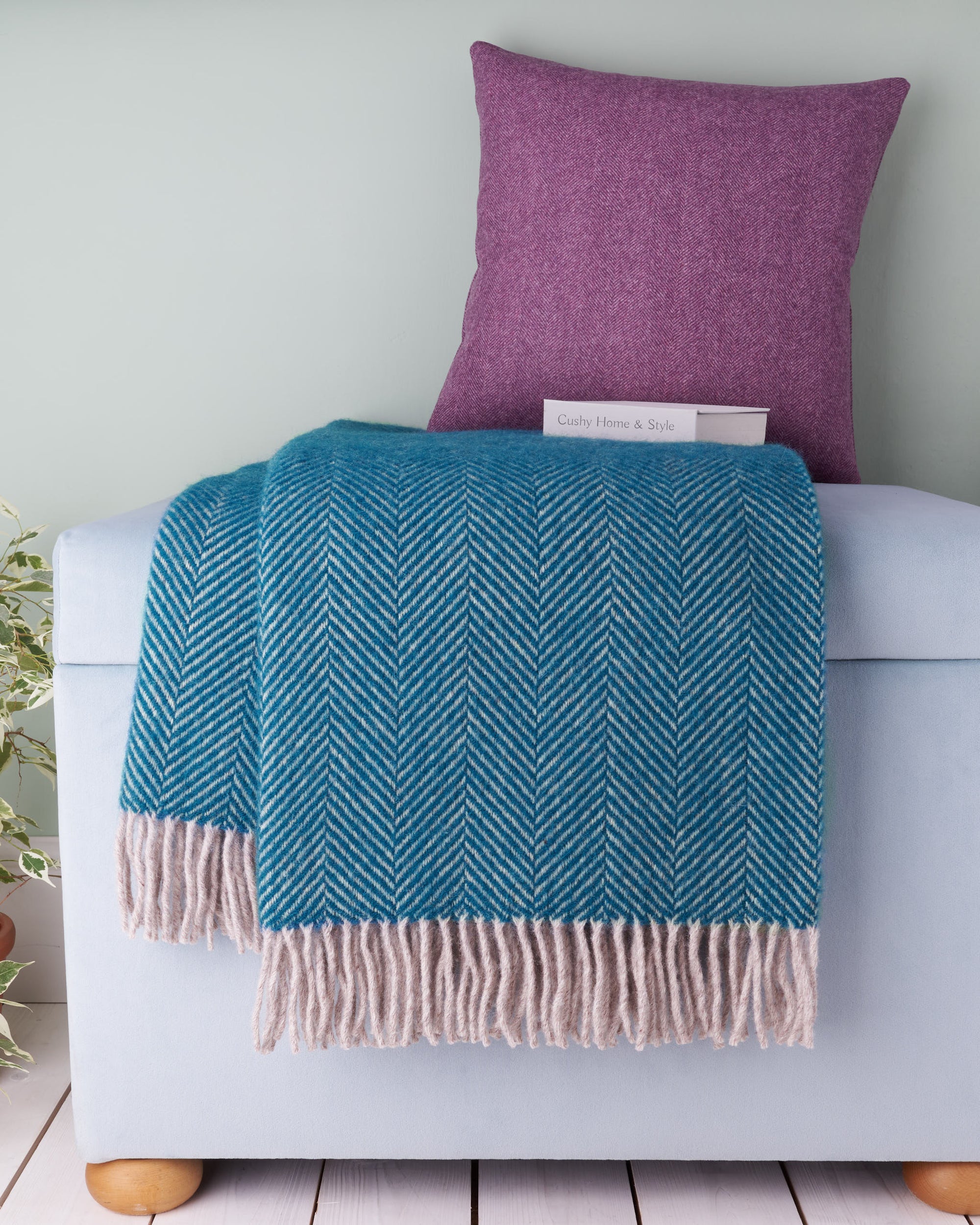 Tweedmill Teal Hazel Herringbone Wool Blanket Throw