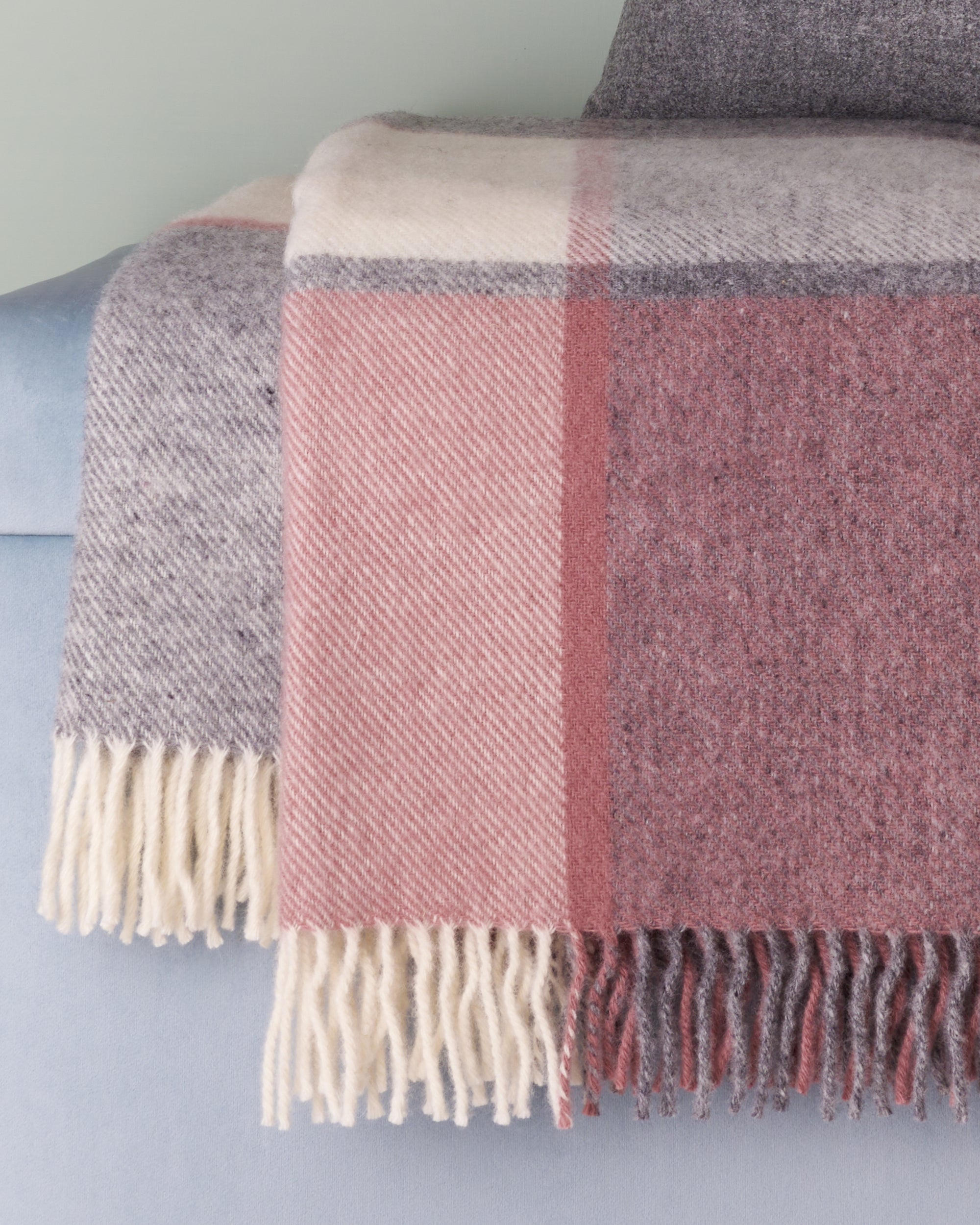 Charcoal and Dusky Pink Block Check Wool Blanket Throw