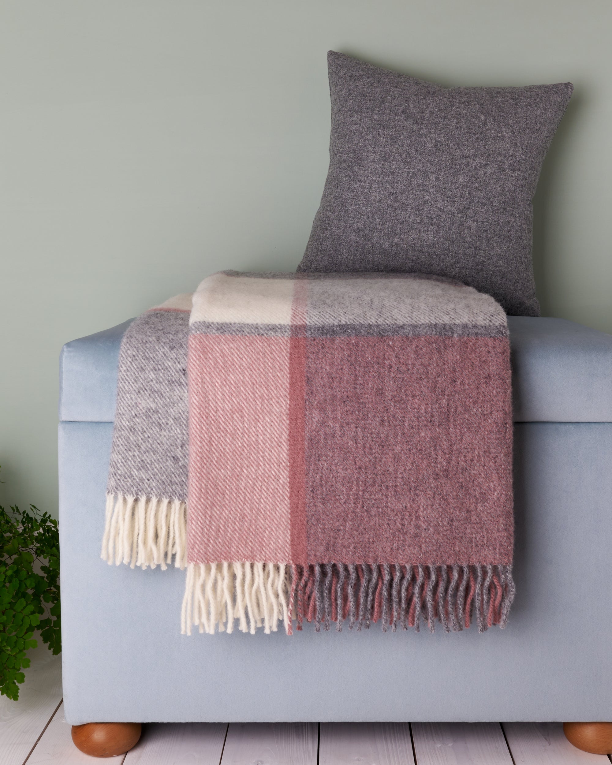 Charcoal and Dusky Pink Block Check Wool Blanket Throw