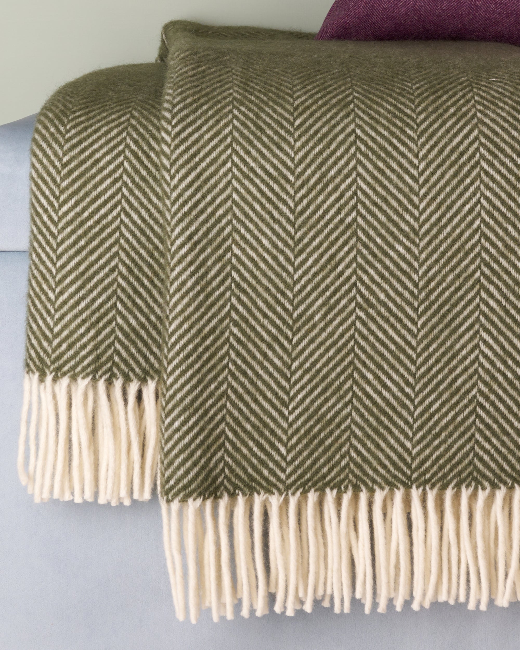 Tweedmill Olive Green Herringbone Wool Blanket Throw