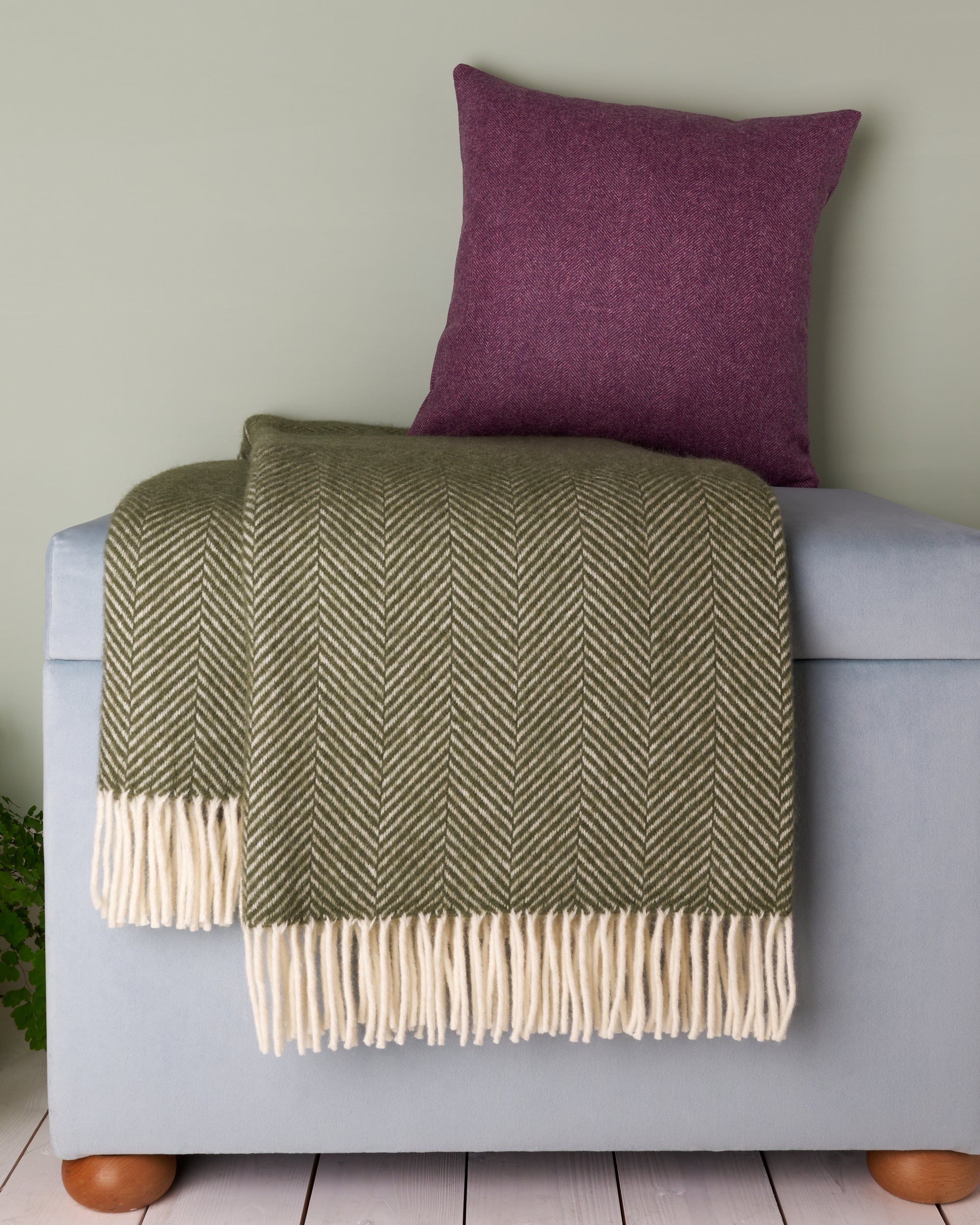 Tweedmill Olive Green Herringbone Wool Blanket Throw