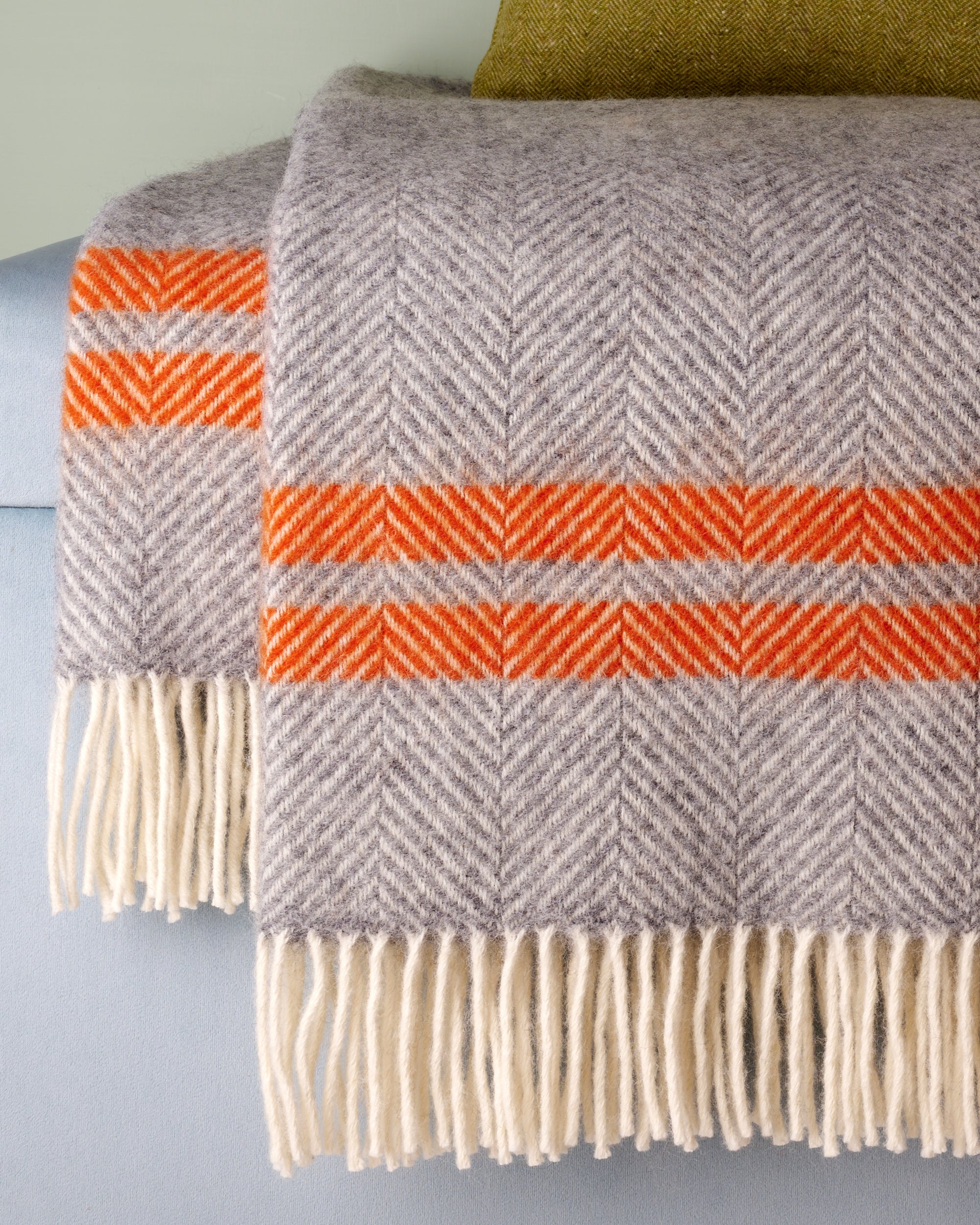 Tweedmill 2 Stripe Grey & Pumpkin Fishbone Herringbone Wool Blanket Throw