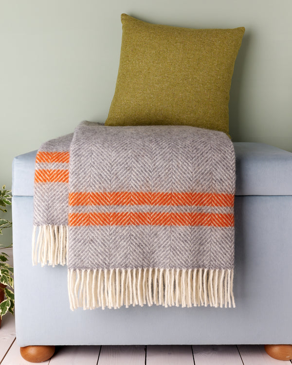 Tweedmill 2 Stripe Grey & Pumpkin Fishbone Herringbone Wool Blanket Throw