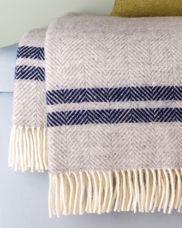 Tweedmill 2 Stripe Silver Grey & Navy Fishbone Herringbone Wool Blanket Throw