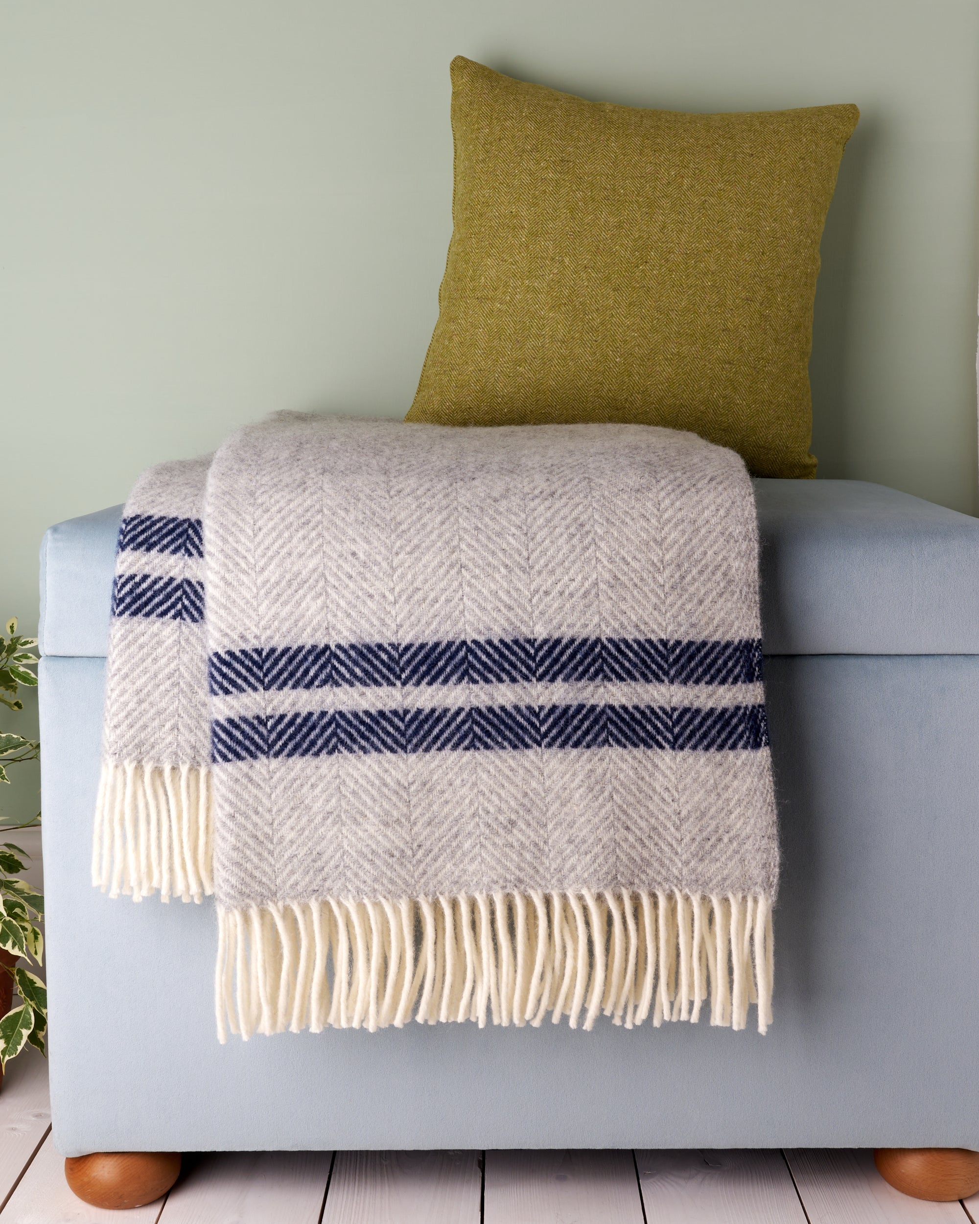 Tweedmill 2 Stripe Silver Grey & Navy Fishbone Herringbone Wool Blanket Throw