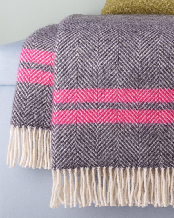 Tweedmill 2 Stripe Slate Grey & Pink Fishbone Herringbone Wool Blanket Throw