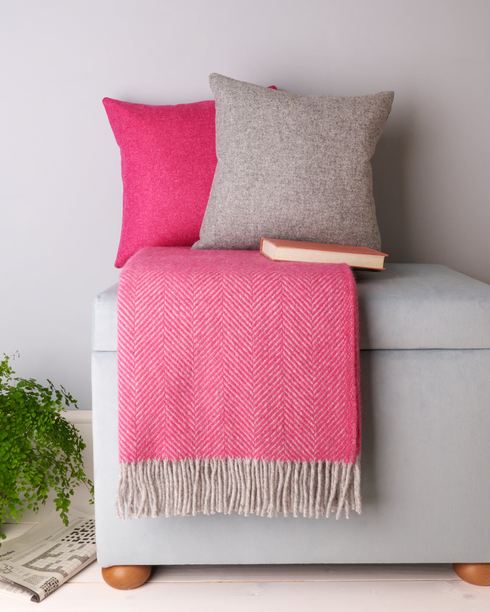 Tweedmill Pink & Silver Herringbone Wool Blanket Throw