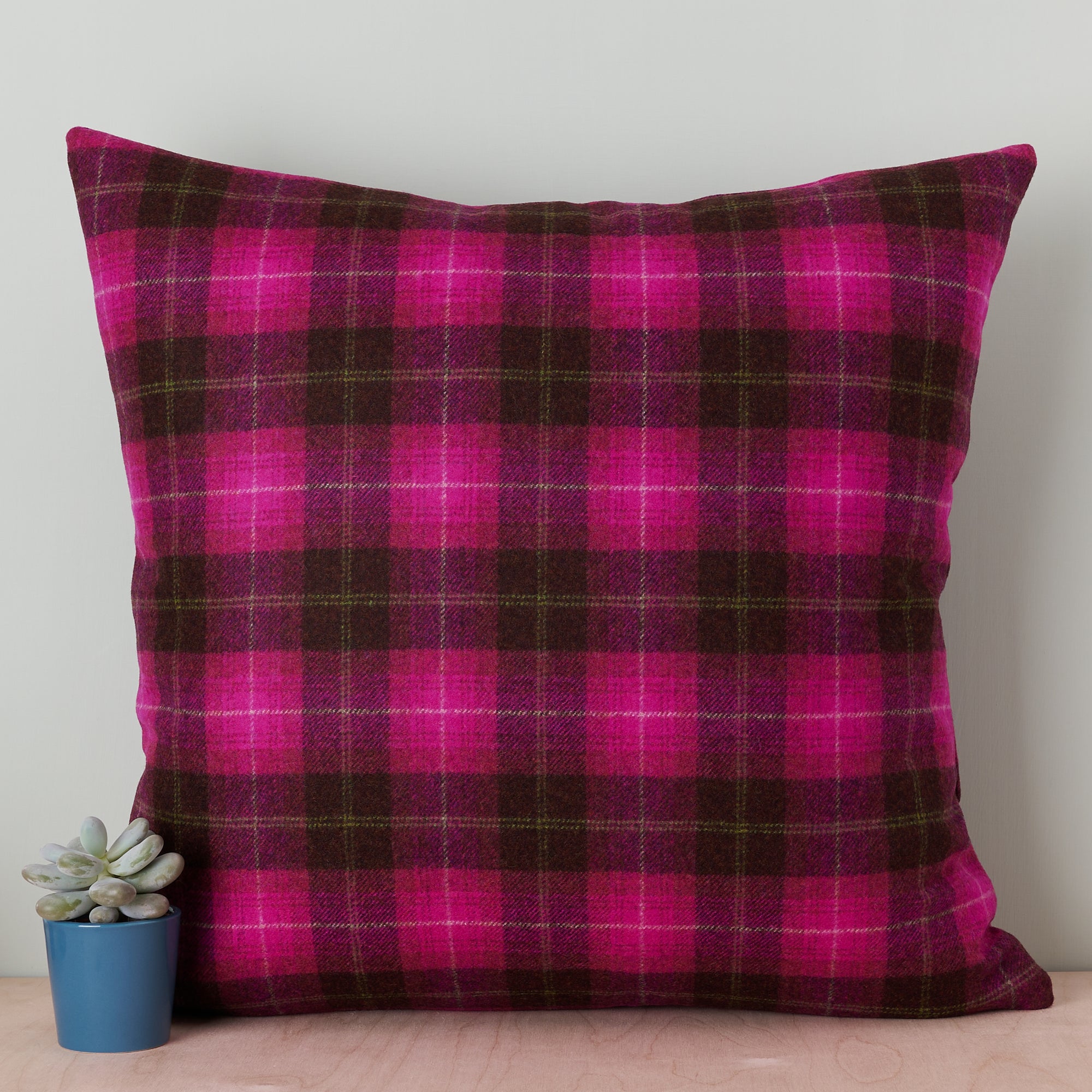 Pink Checked Plaid Pattern Abraham Moon Merino Lambswool Cushion made in UK