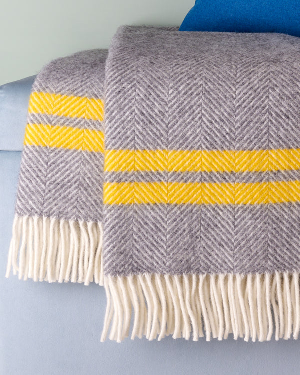 Tweedmill yellow & grey 2 stripe herringbone wool blanket throw