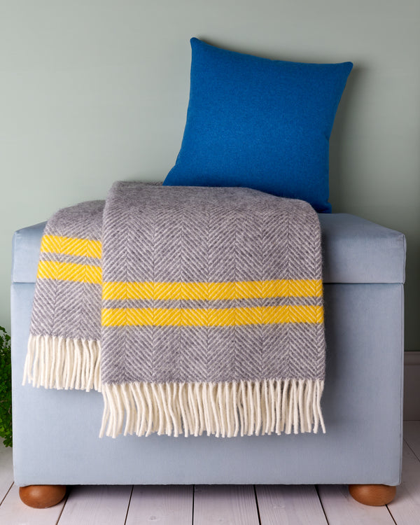 Tweedmill yellow & grey 2 stripe herringbone wool blanket throw